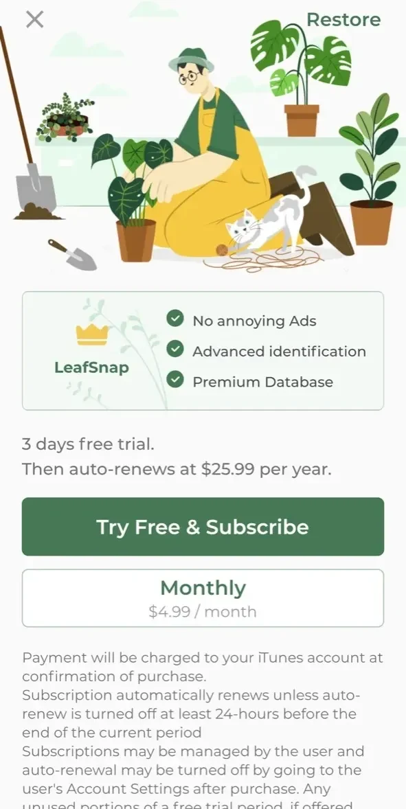LeafSnap paywall screen