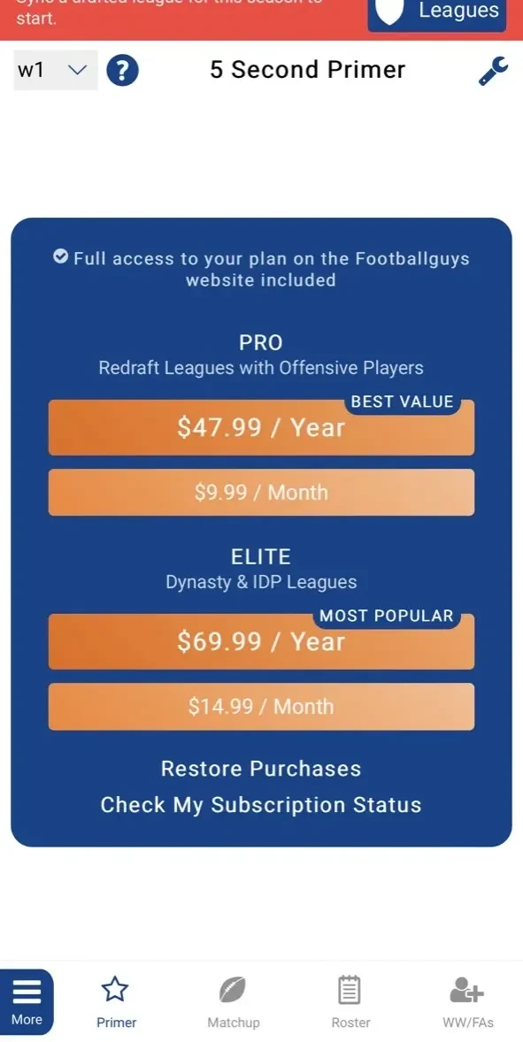 League Dominator paywall screen