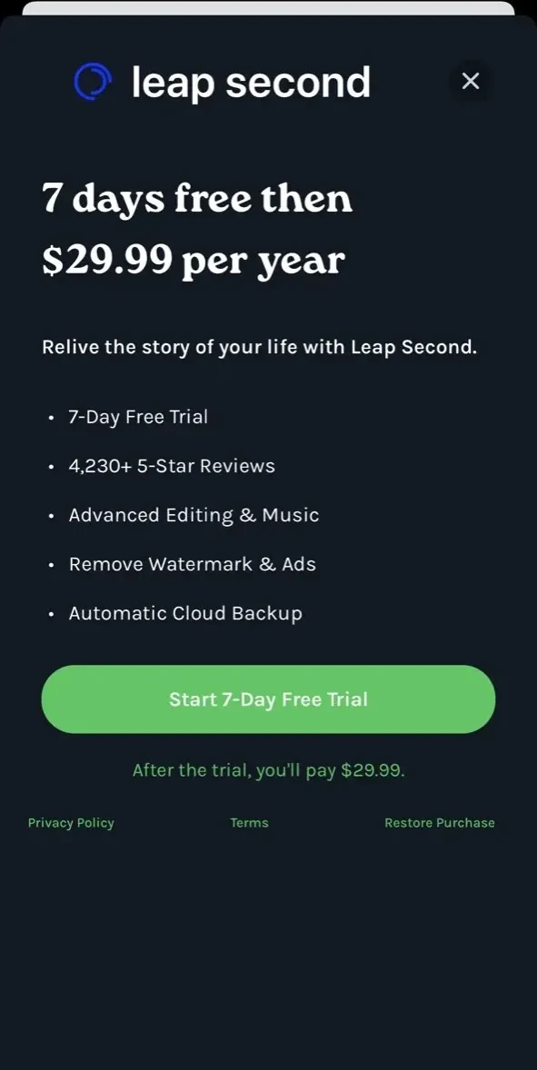 Leap Second paywall screen