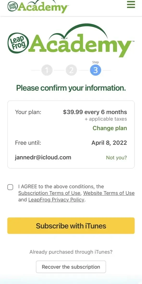 LeapFrog Academy™ Learning paywall screen
