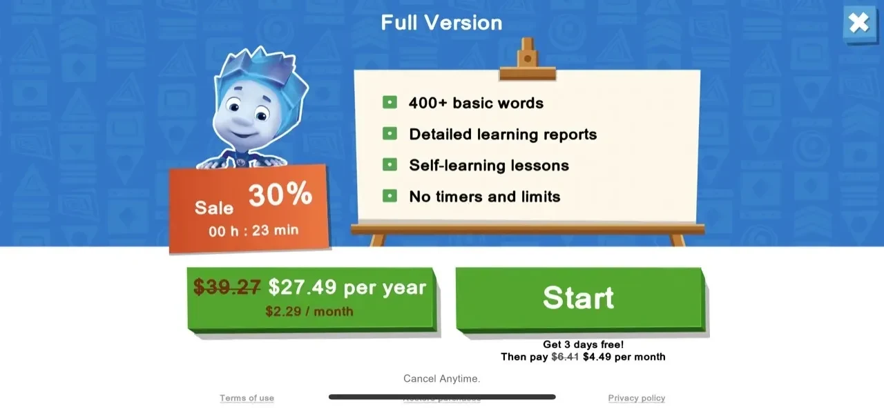 Learn English For Kids. Fixies paywall screen