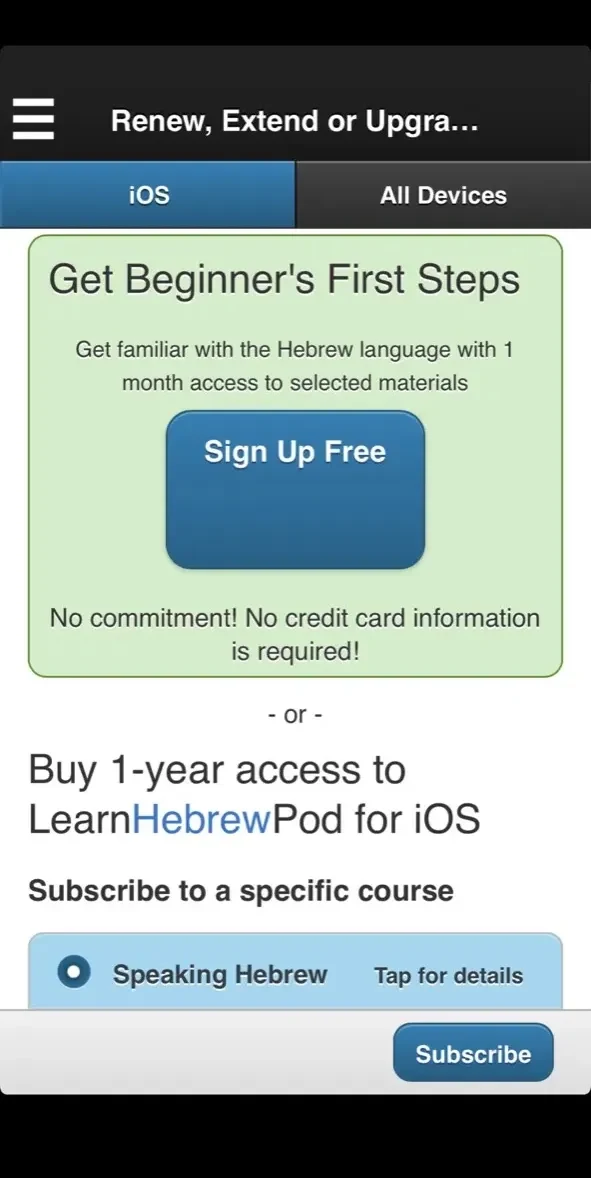 Learn Hebrew Pod paywall screen