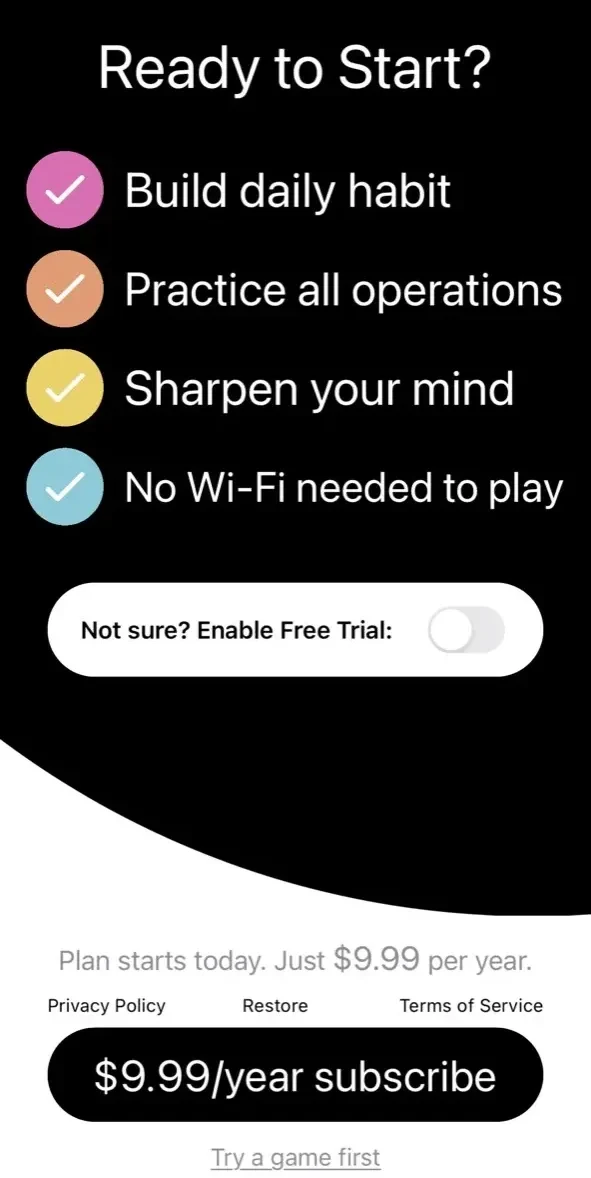 Learn Math Facts paywall screen