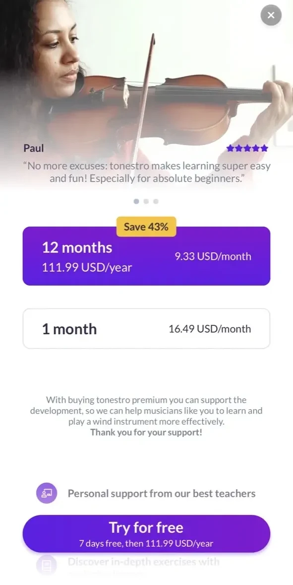 Learn & Play Violin paywall screen