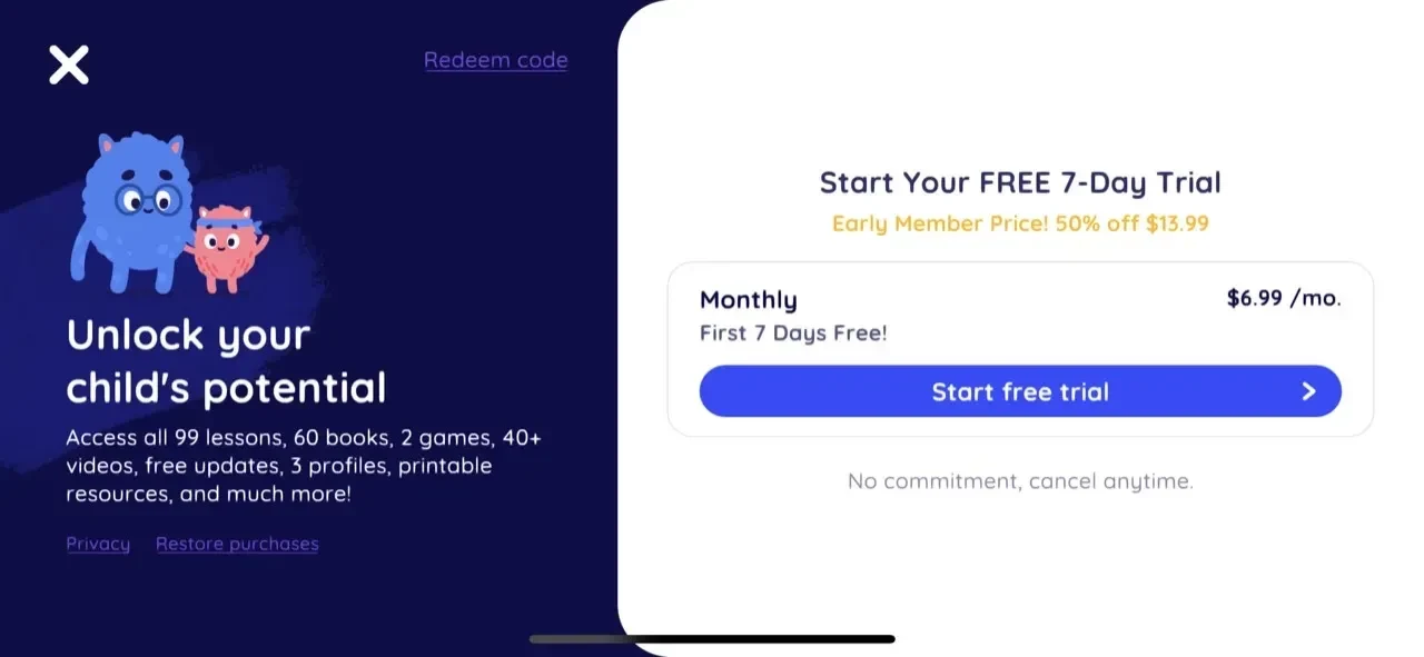 Learn to Read paywall screen