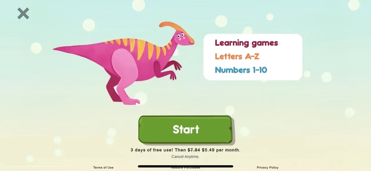 Learning games for Kid paywall screen