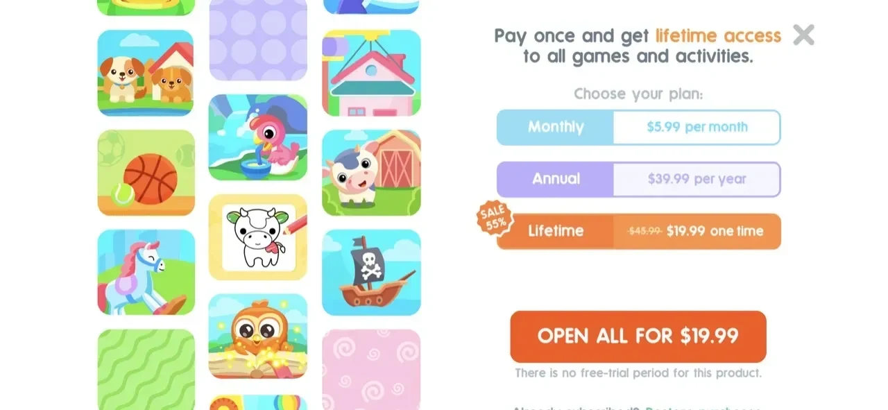 Learning Games for Kids paywall screen