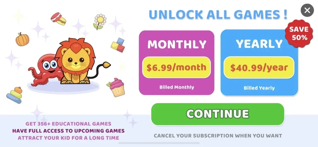 Learning games for toddlers paywall screen