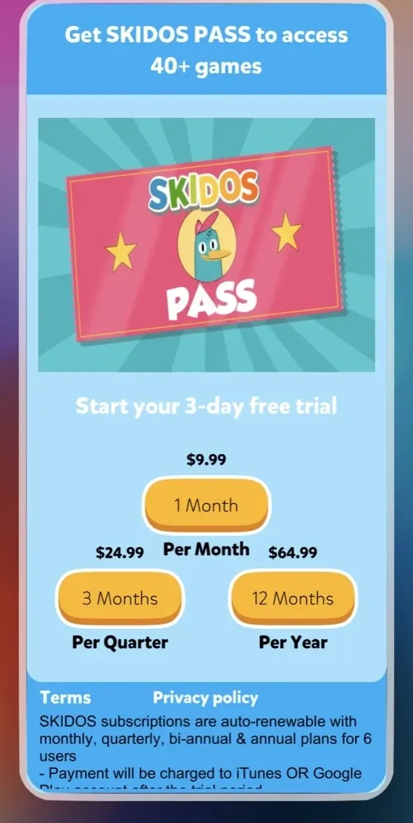 Learning Games paywall screen