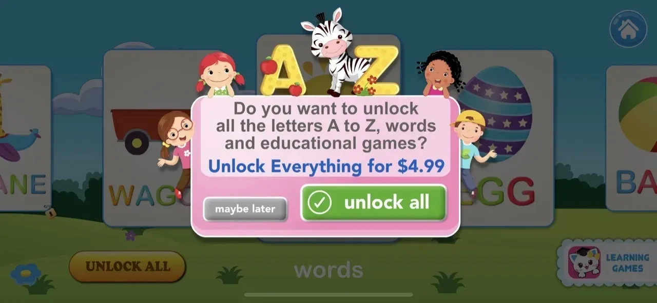 Learning games paywall screen