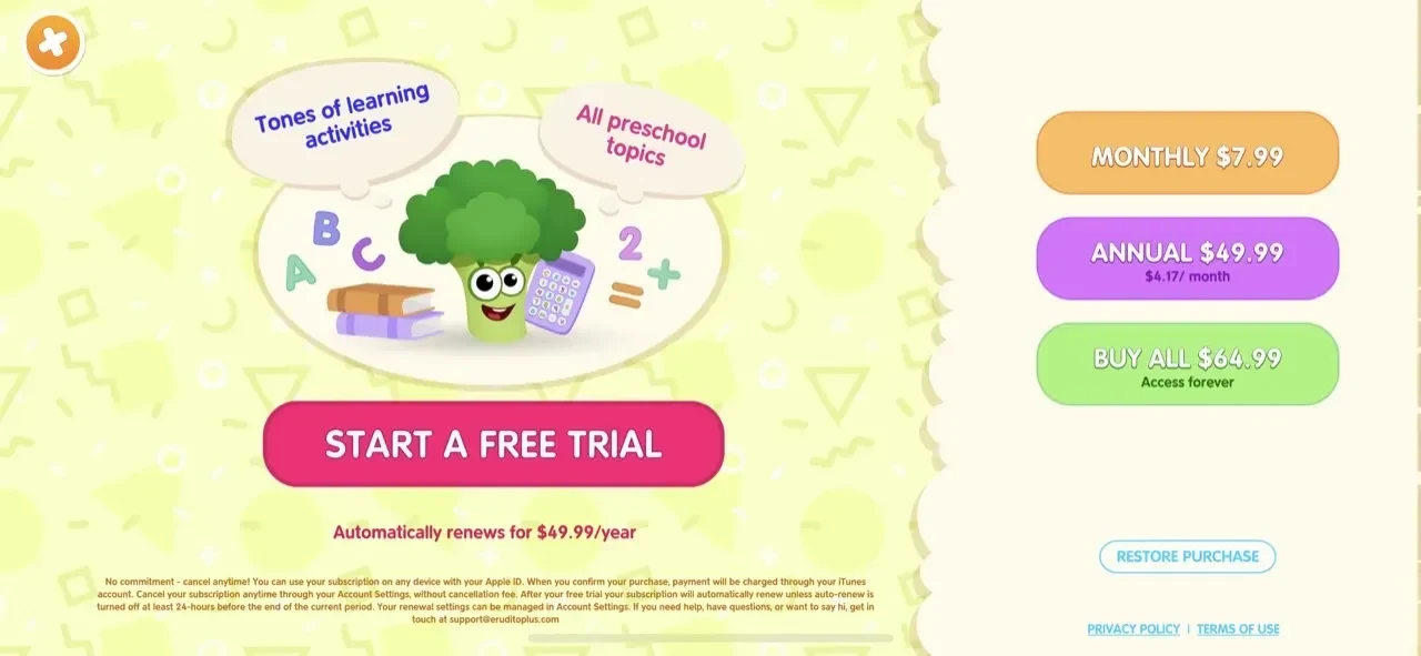Learning Kids Games 4 Toddlers paywall screen