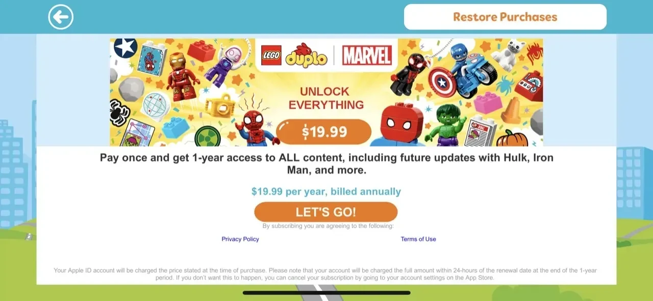 LEGO paywall screen