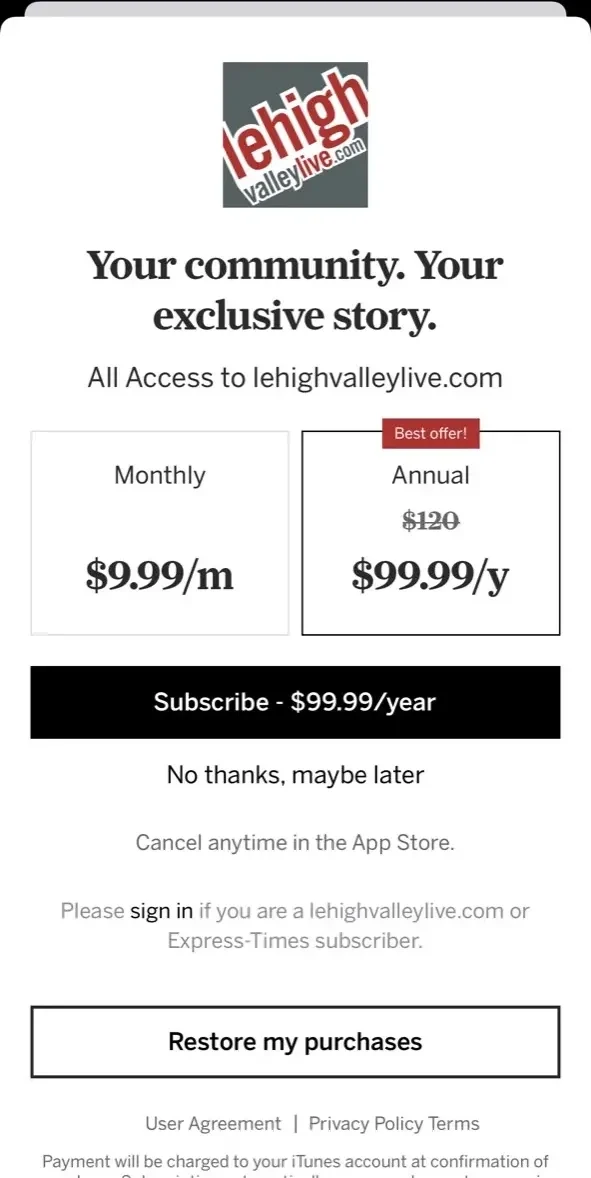 lehighvalleylive paywall screen