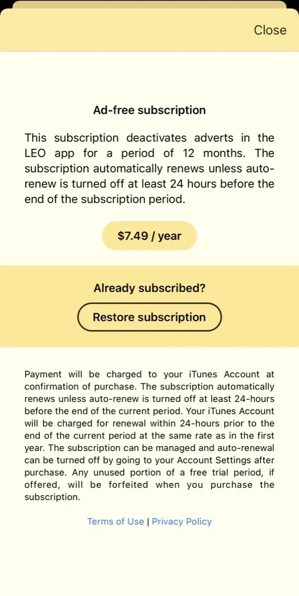 LEO dictionary paywall screen