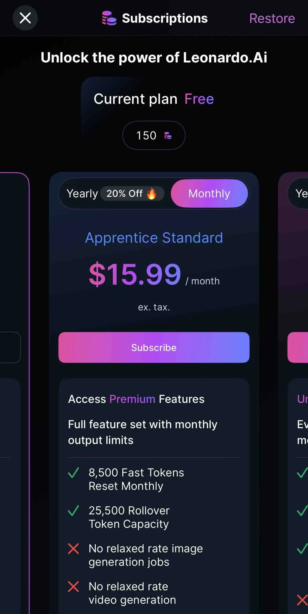 Leonardo.Ai paywall screen