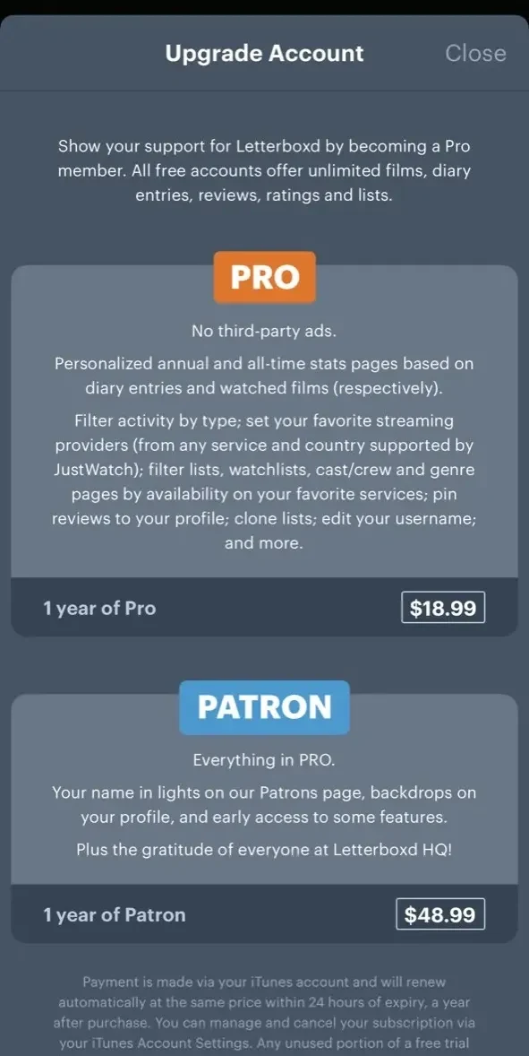 Letterboxd paywall screen