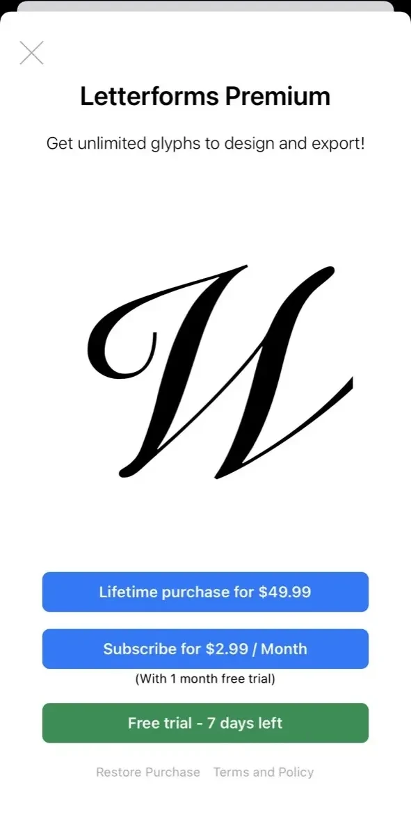 Letterforms paywall screen