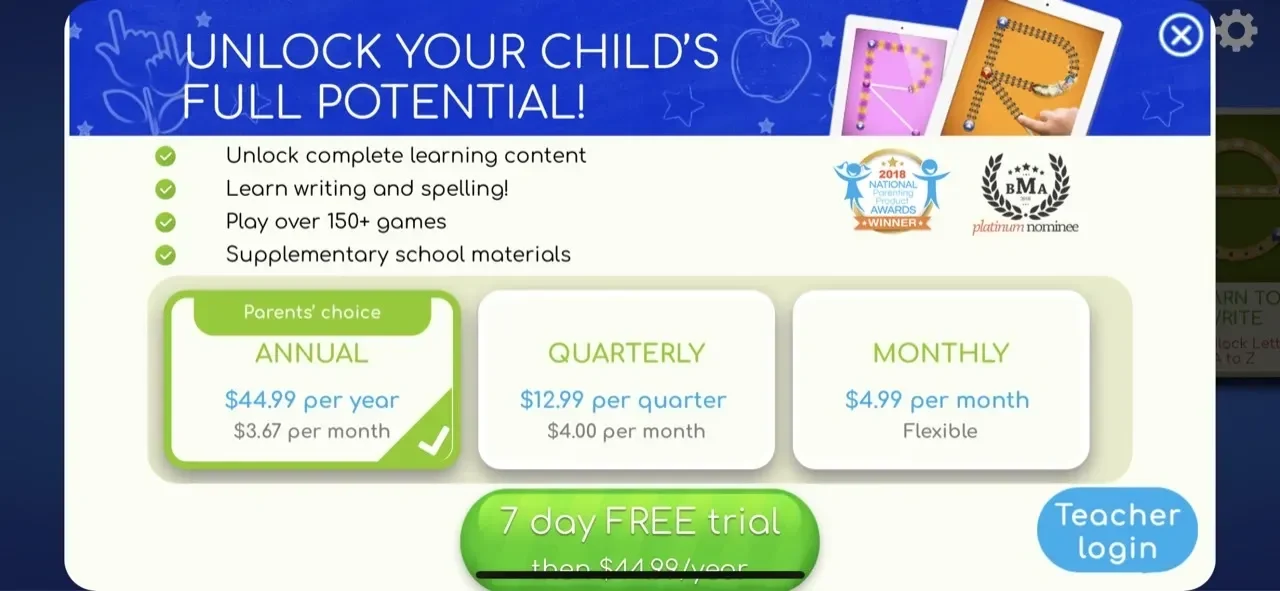 LetterSchool paywall screen