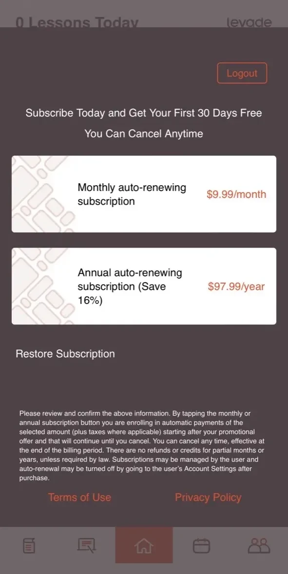 Levade paywall screen