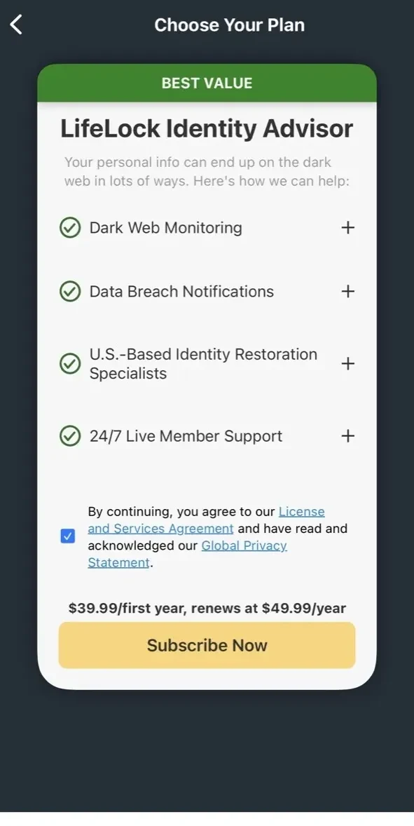 LifeLock Identity paywall screen