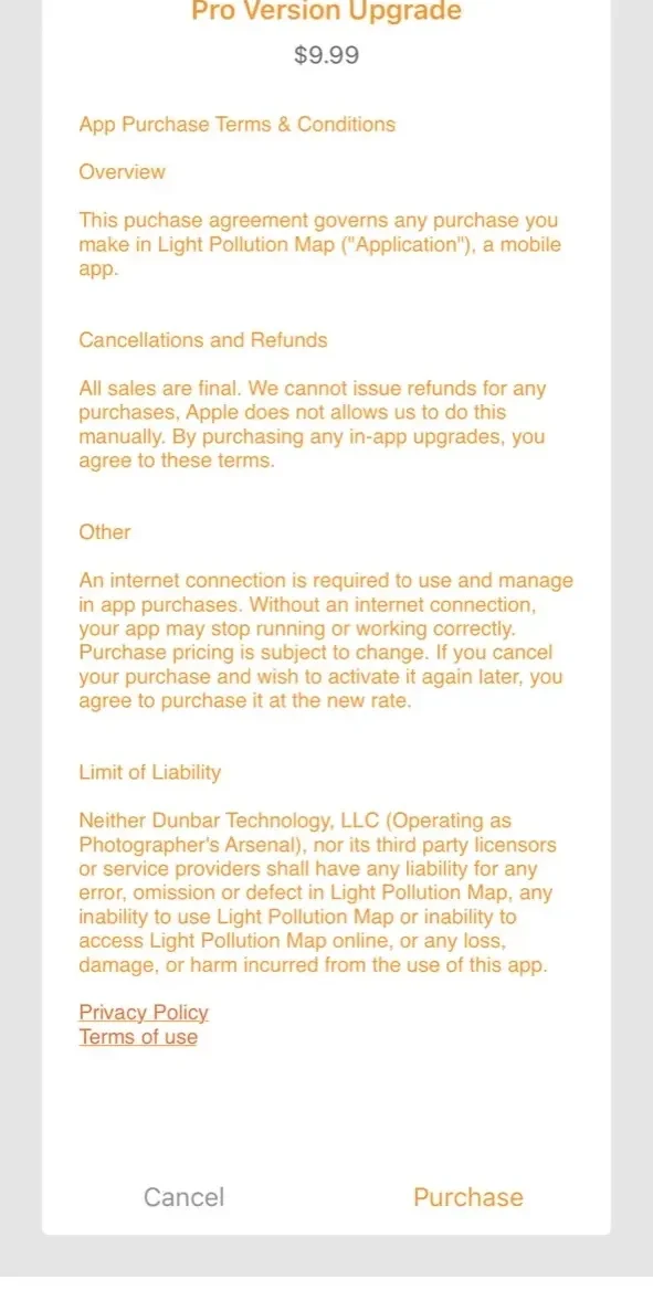 Light Pollution Map paywall screen