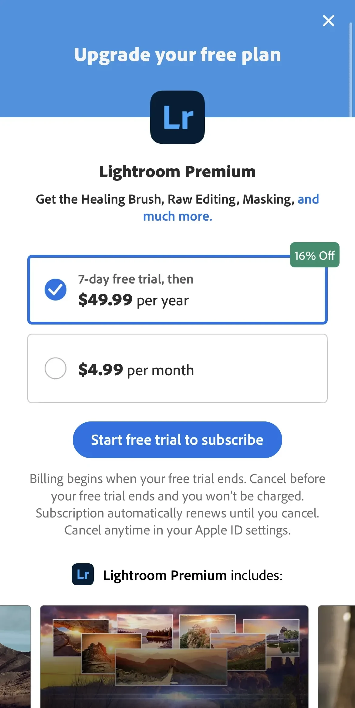 Lightroom Photo paywall screen