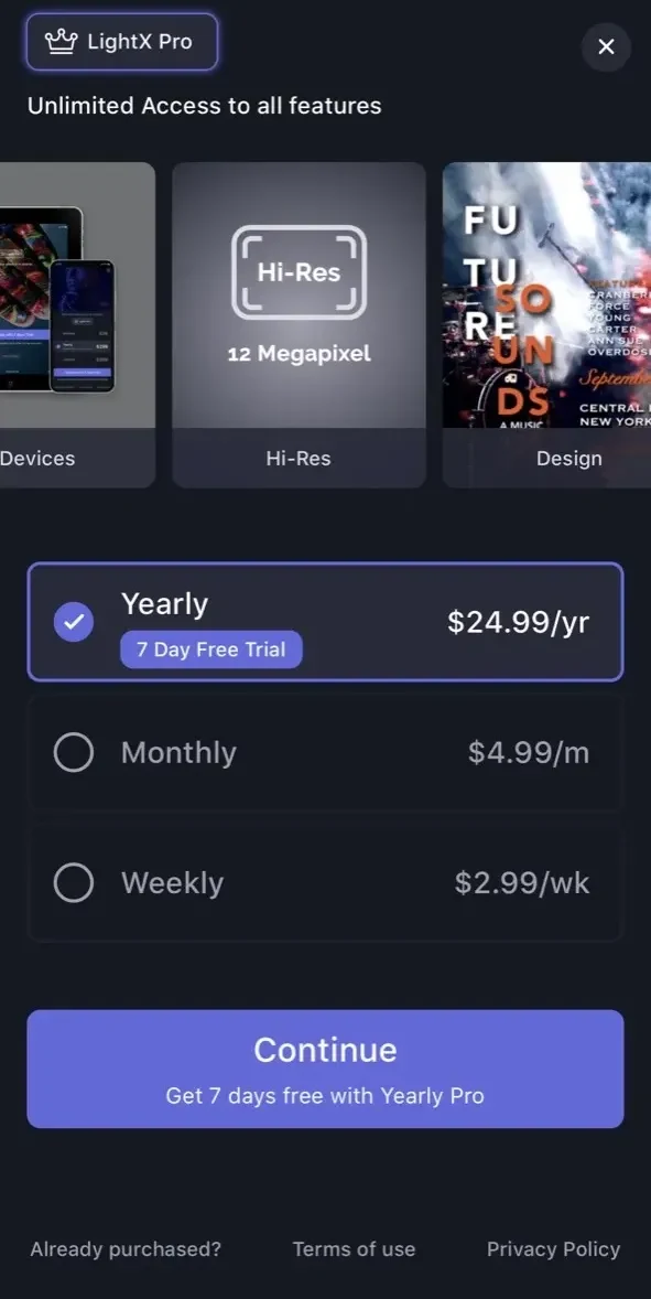 LightX paywall screen