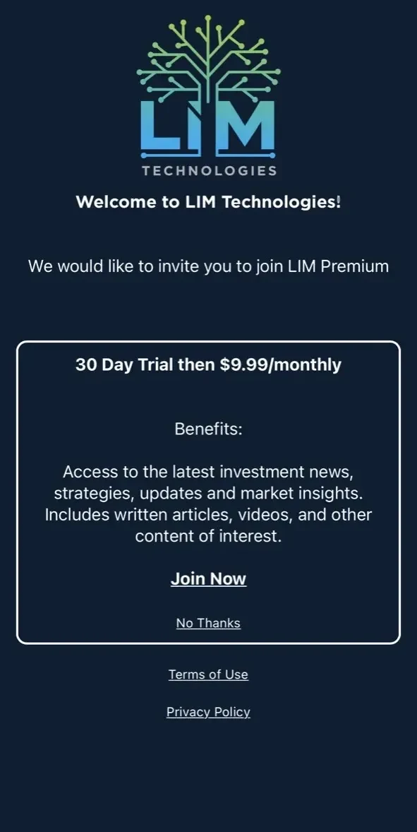 LIM Technologies paywall screen