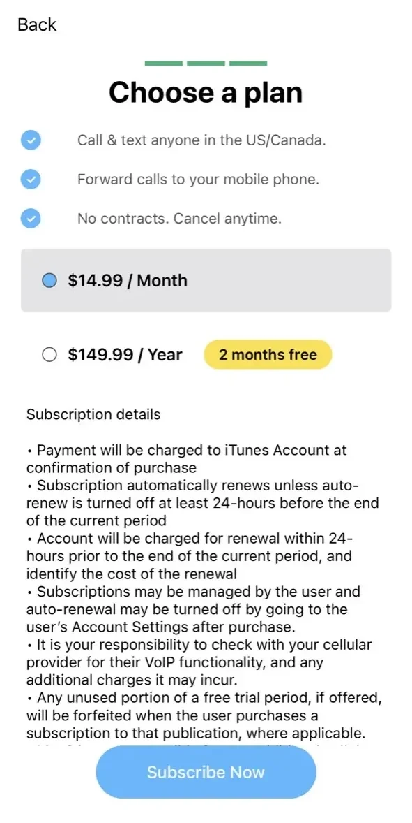 Line2 paywall screen