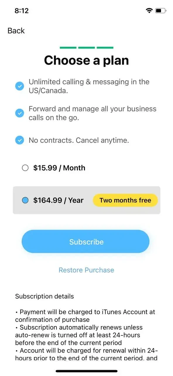 Line2 paywall screen
