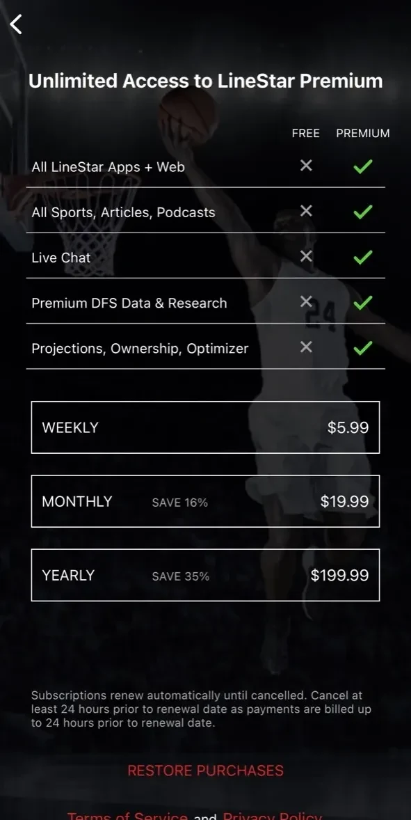 LineStar DFS Optimizer paywall screen