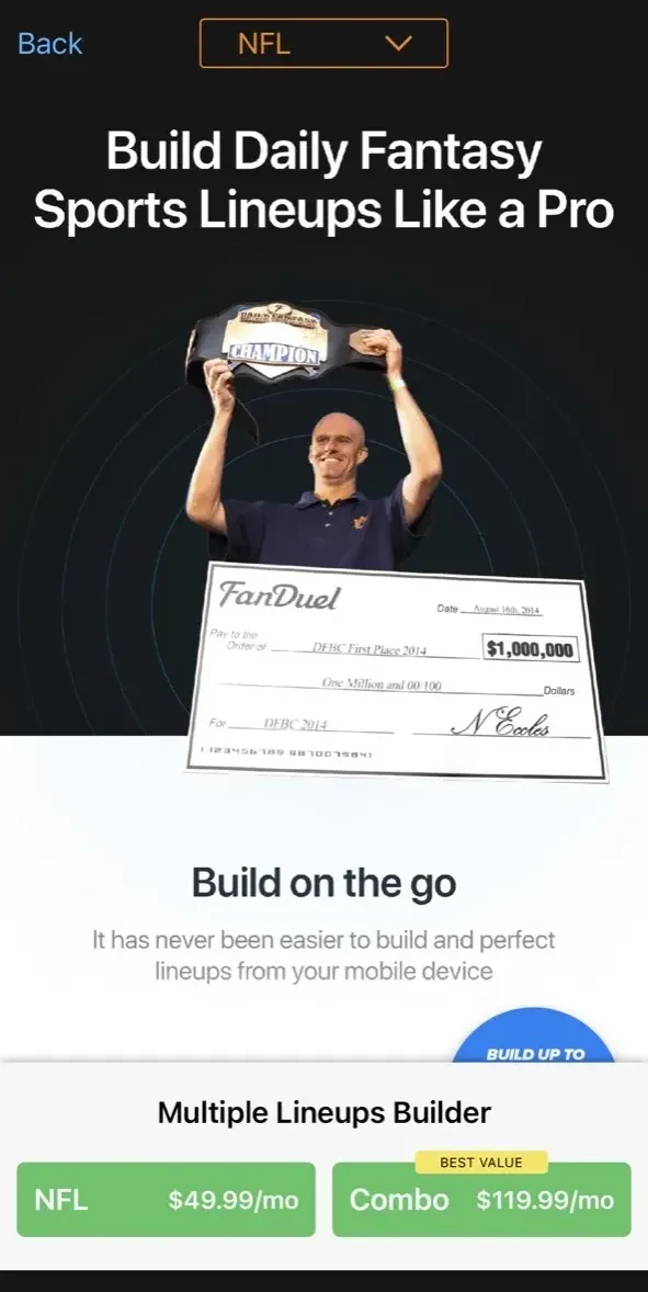 LineupHQ FanDuel DFS Optimizer paywall screen