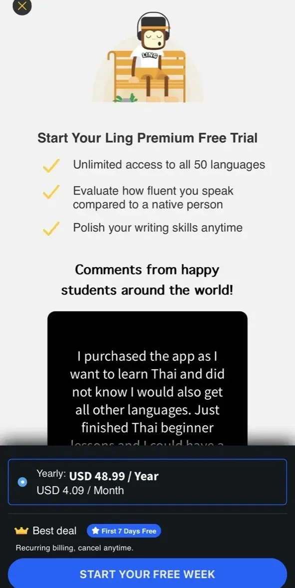 Ling paywall screen