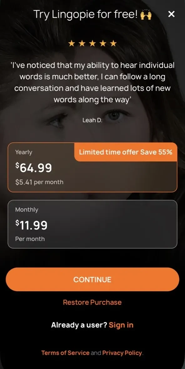 Lingopie paywall screen
