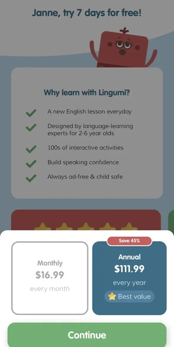 Lingumi paywall screen