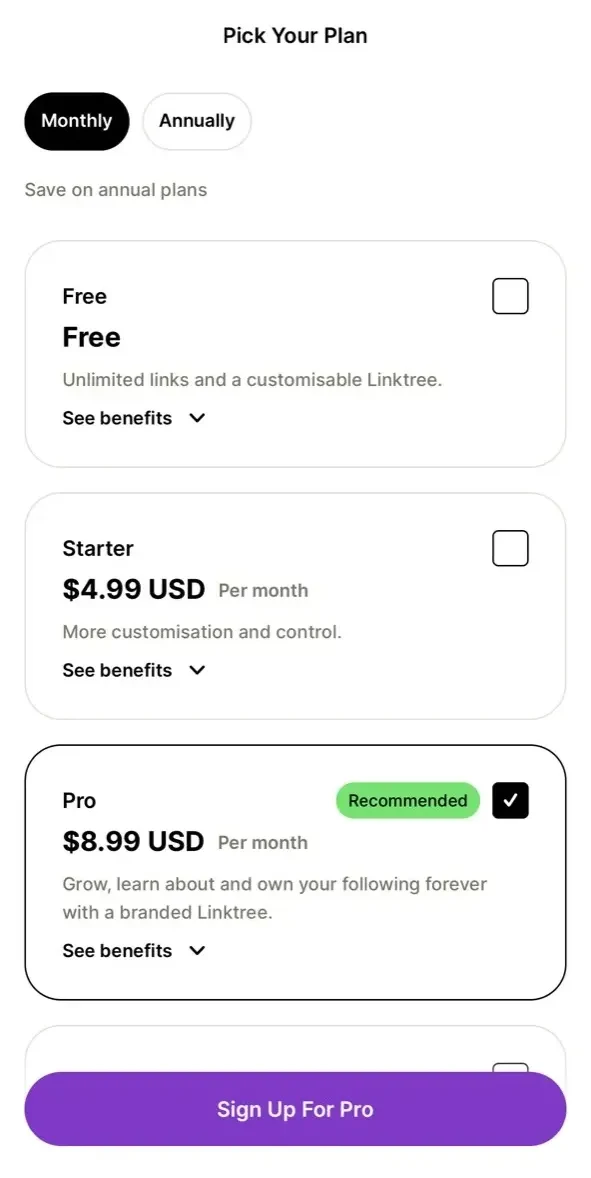 Linktree paywall screen