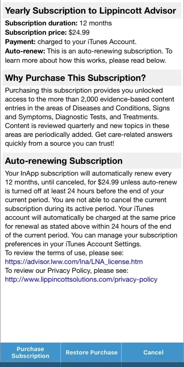 Lippincott Nursing Advisor paywall screen