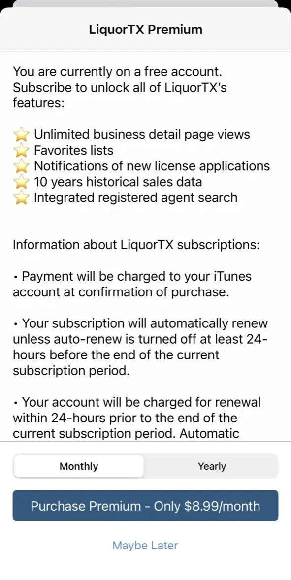 LiquorTX paywall screen