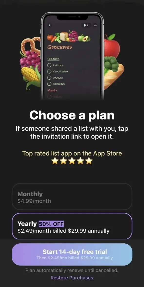 List Maker ◎ paywall screen