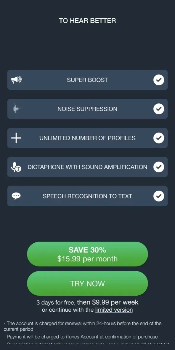 Listening Device paywall screen