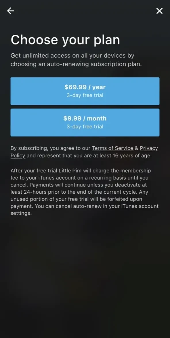 Little Pim Video paywall screen