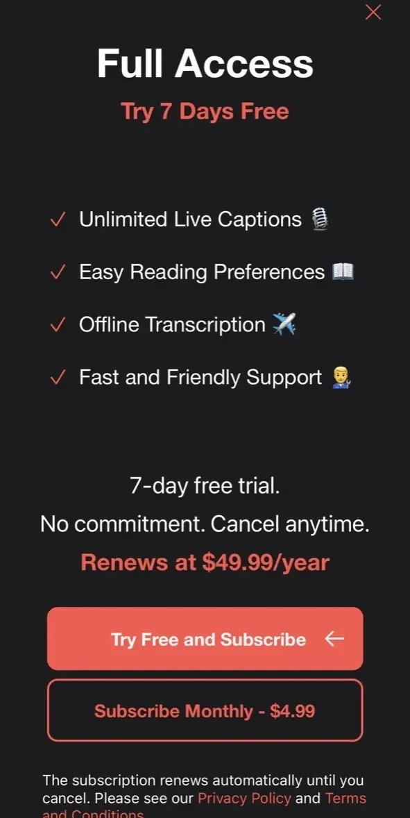 Live Transcribe paywall screen