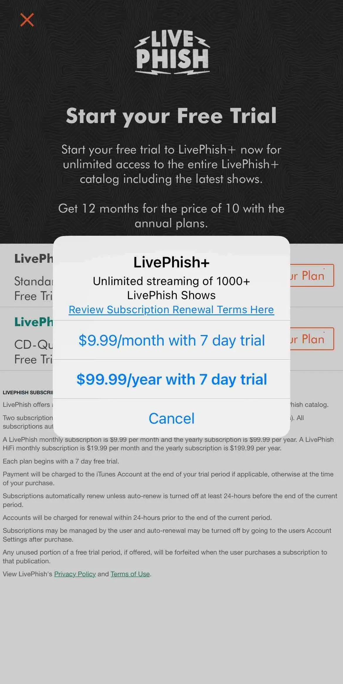LivePhish paywall screen