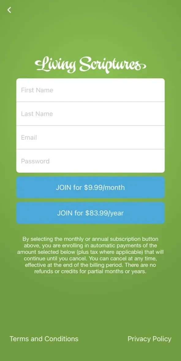Living Scriptures paywall screen