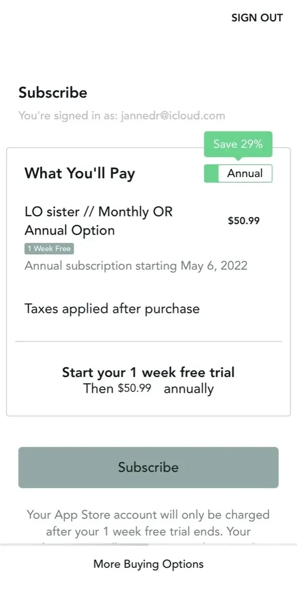 LO sister paywall screen