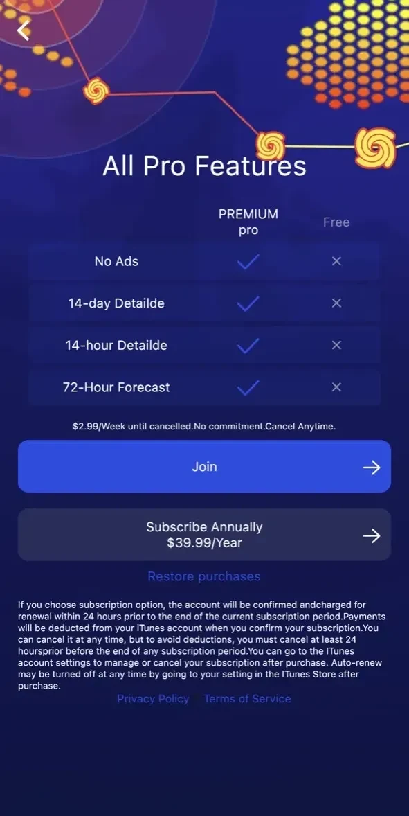 Local Weather warning paywall screen