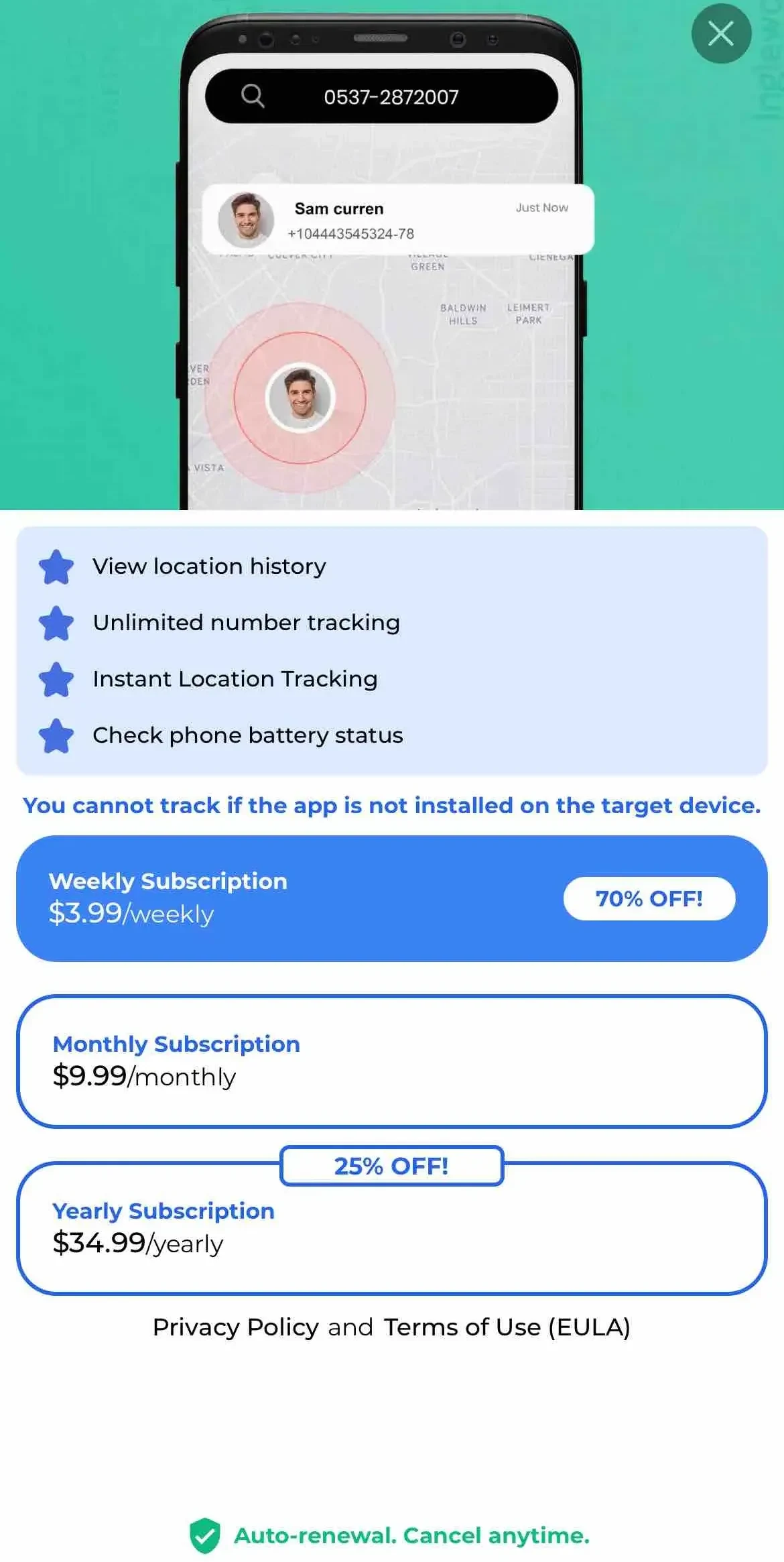 GPS Phone Location Tracker paywall screen