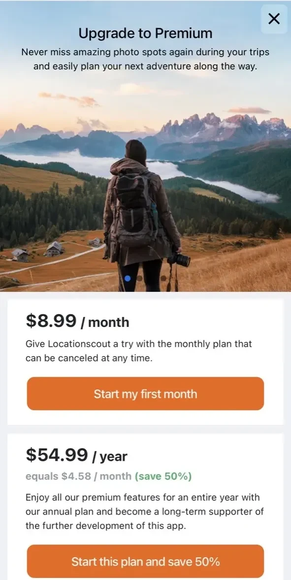 Locationscout paywall screen