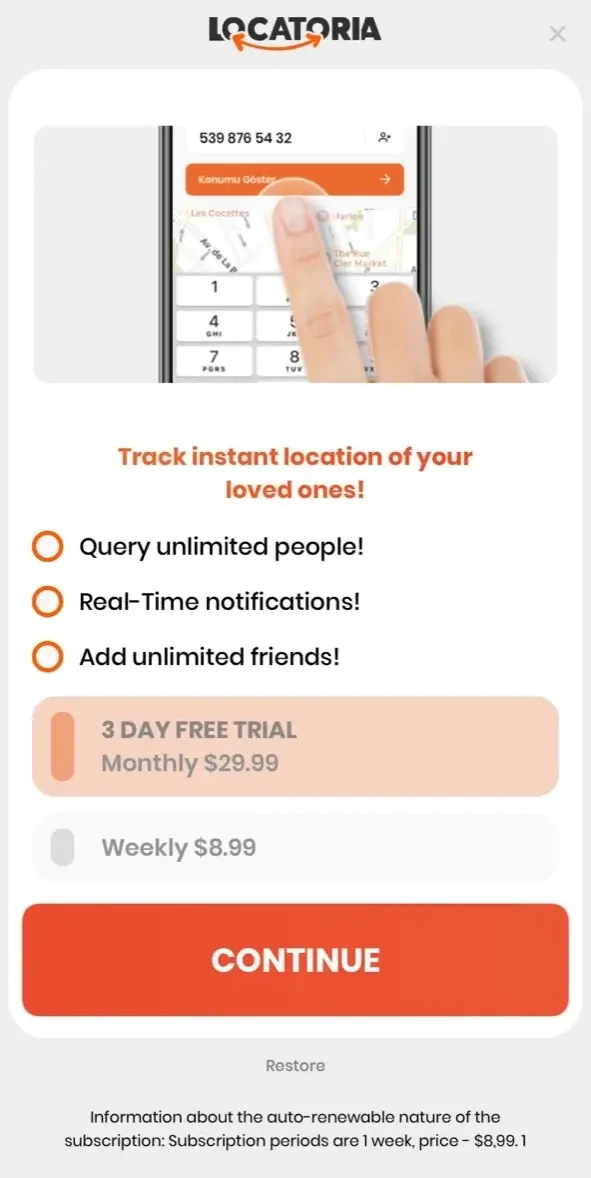 Locatoria paywall screen