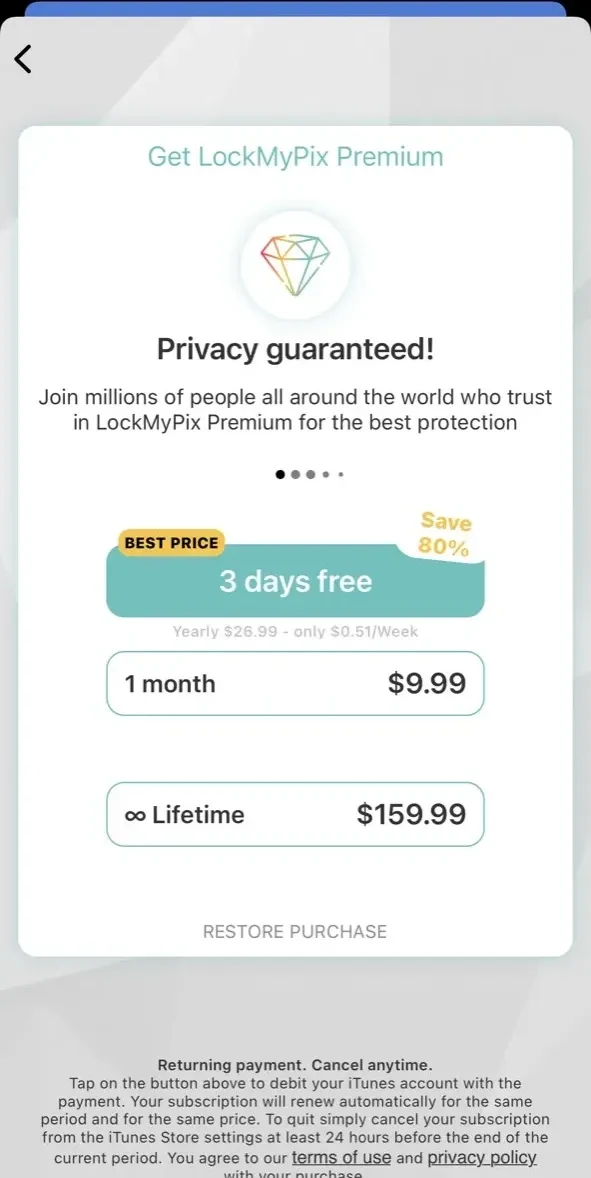 LockMyPix Secret Photo Vault paywall screen